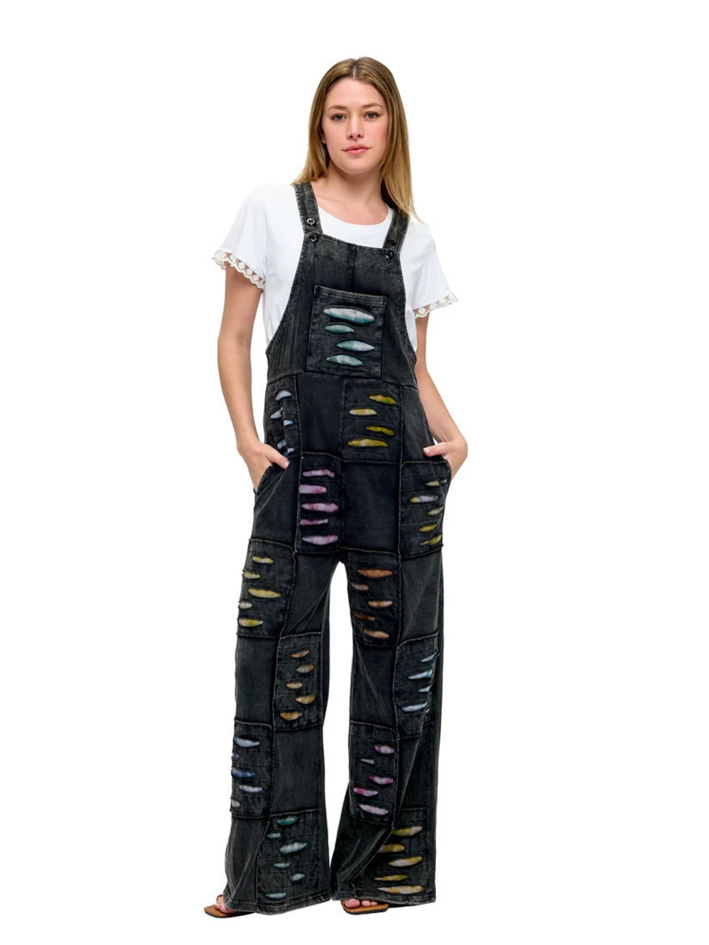 26890 Black | Yak & Yeti Razor Cut Patchwork Washed Overalls | Sizes S/M-L/XL